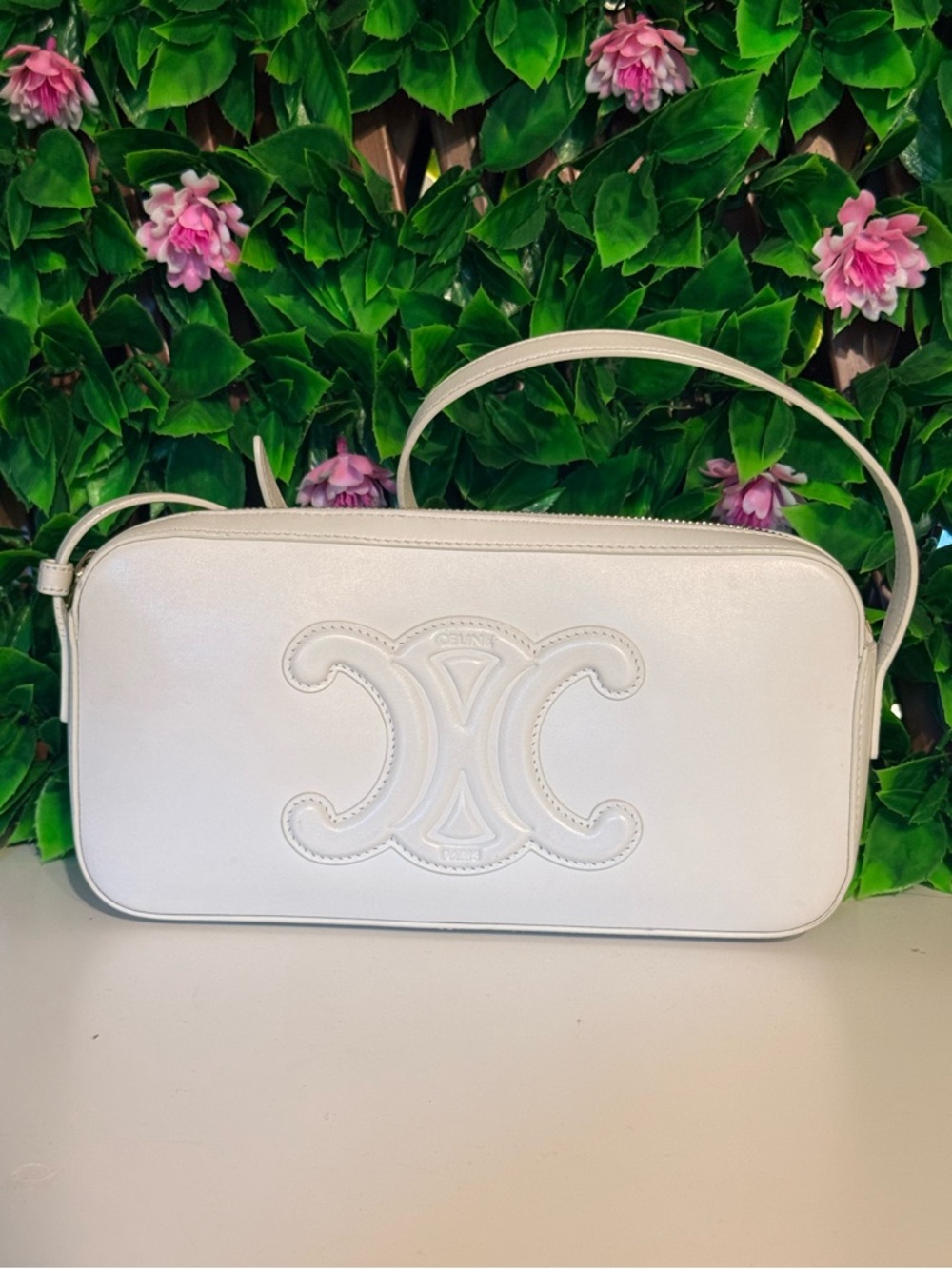 CELINE Cuir triomphe white leather camera shoulder bag